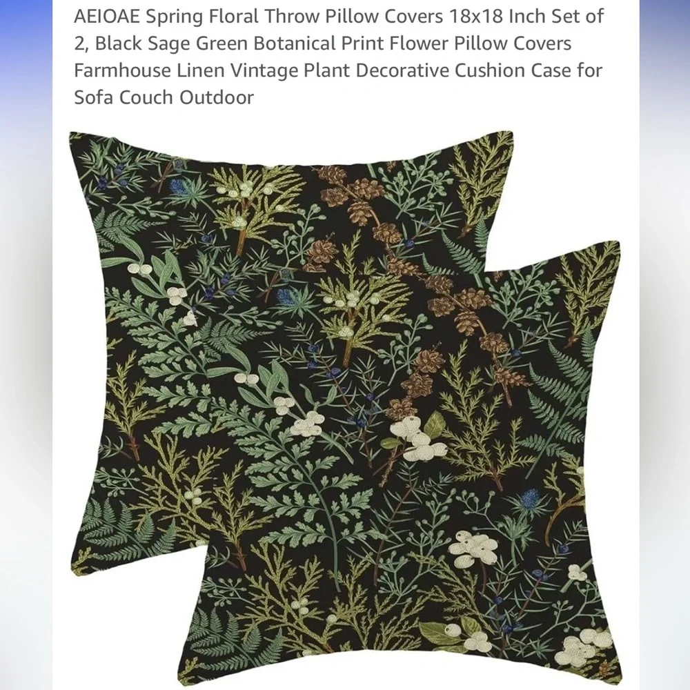 Boho green and black floral. 2 NWOT pillow covers 18x18 inch